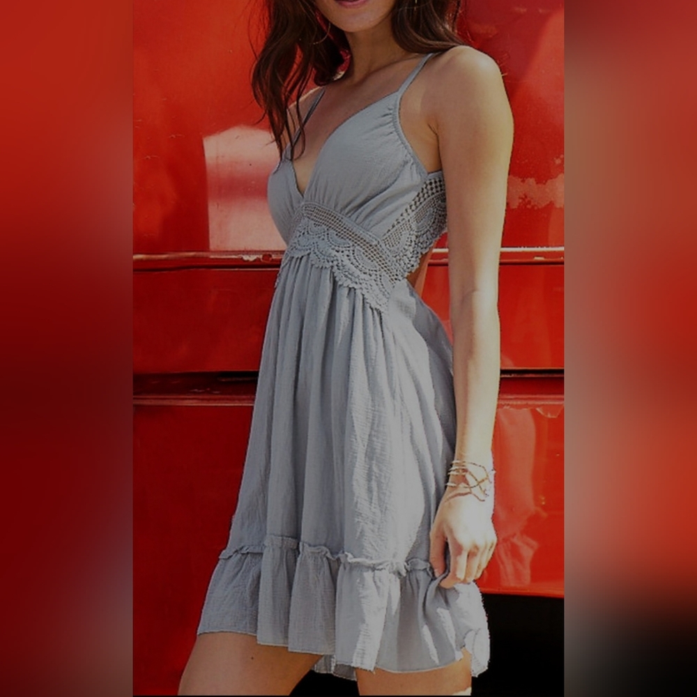 Gorgeous Blue strappy, lace trimmed backless ruffled dress